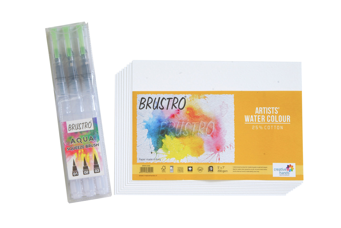 Brustro Aqua Squeeze 25% Cotton CP 200 GSM Leak Proof Watercolour Paper Brush Pen Round (3 5x7 inches, Assorted) - Set of 9 Sheets