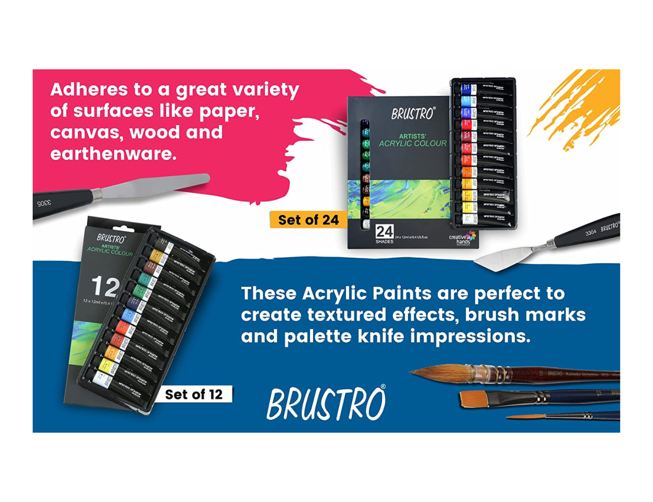 BRUSTRO Acrylic Paint colour set | Set of 24 Colours X 12ml Tubes | Highly pigmented, Intermixable, Perfect For Students, Adults, Beginners, Professionals and Artists