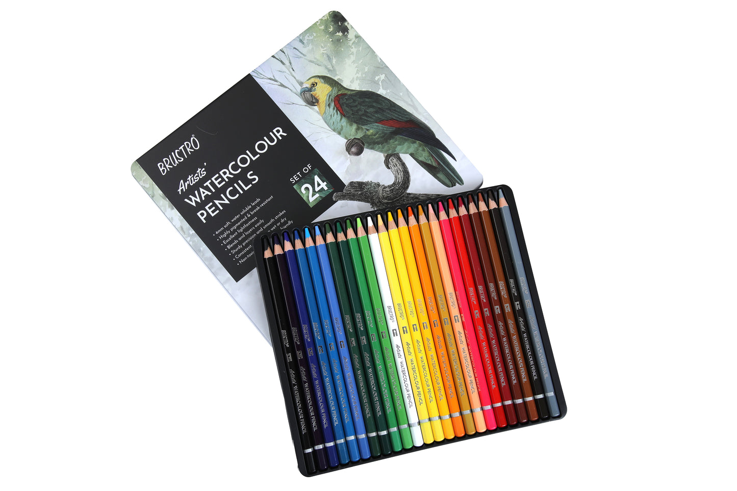 BRUSTRO Artists Watercolour Pencil |Set of 24 (in Elegant tin Box)|Ideal for Artists, Students, Drawing,Colouring,Painting on Paper, water soluble, Professional Quality, Break-resistant,Vibrant Colors