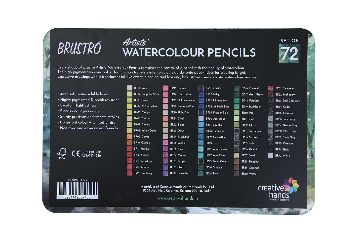 Brustro Artists Watercolour Pencils | Set of 72 Colors in Elegant tin Box |4mm Leads, Non-toxic, Break-resistant, water soluble, Suitable for Blending, Layering, Painting.