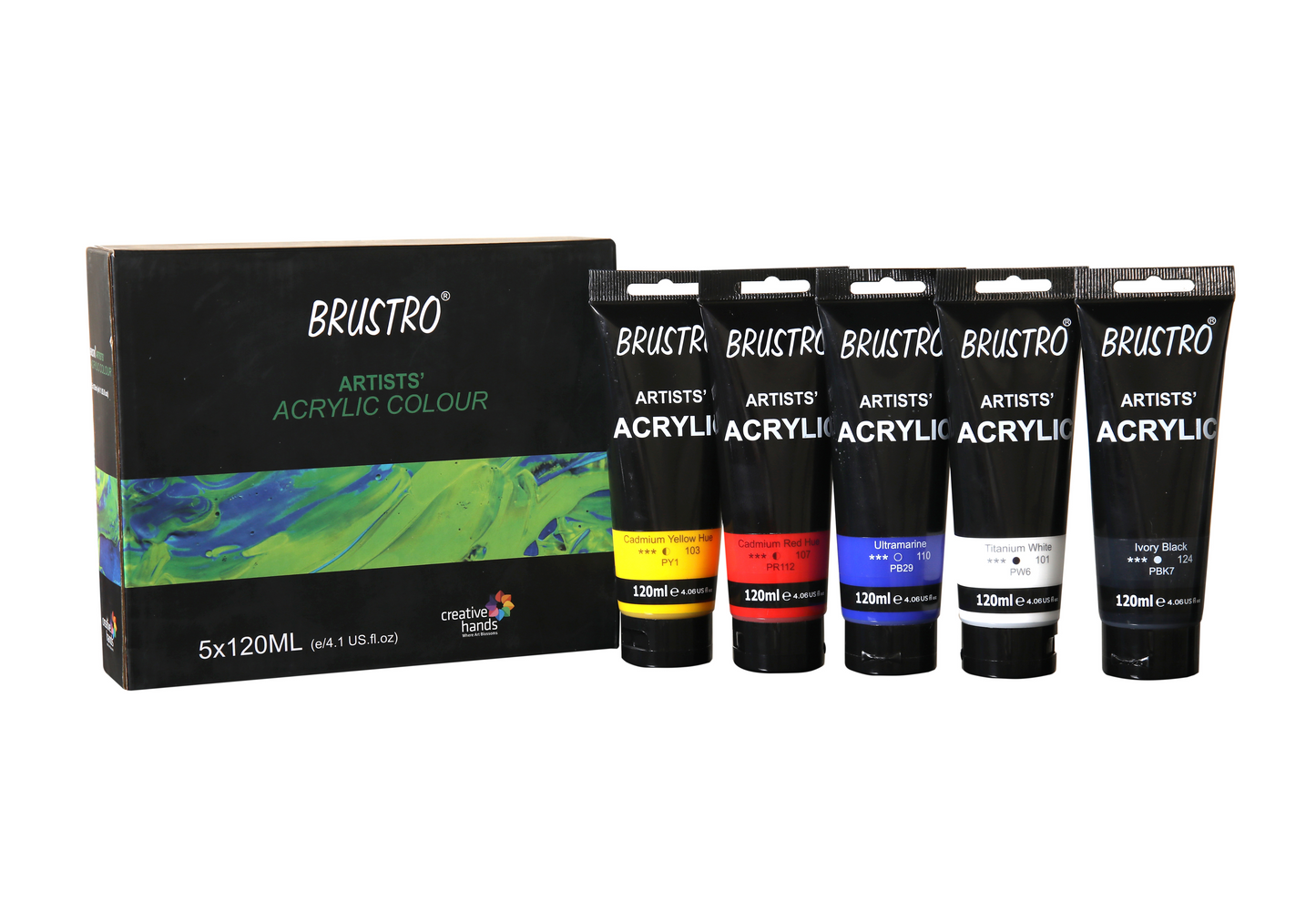 Brustro Artists' Acrylic 120ml, Pack of 5 Primary Shades (Titanium White, Cad Yellow, Ultramarine, Cadmium Red & Ivory Black)