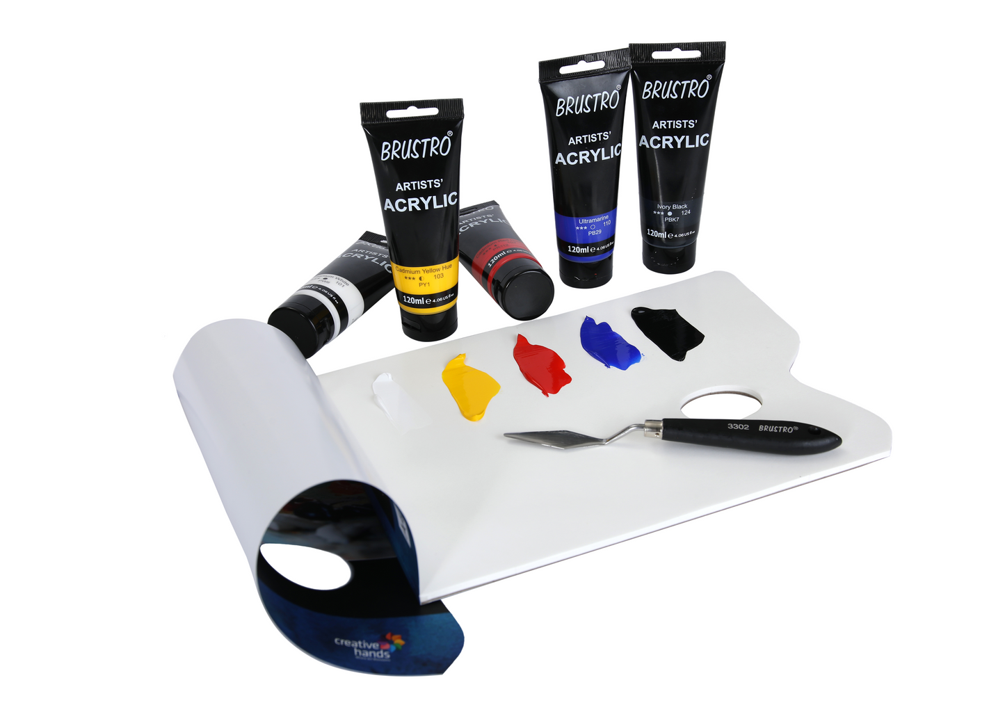 Brustro Artists' Acrylic 120ml, Pack of 5 Primary Shades (Titanium White, Cad Yellow, Ultramarine, Cadmium Red & Ivory Black)