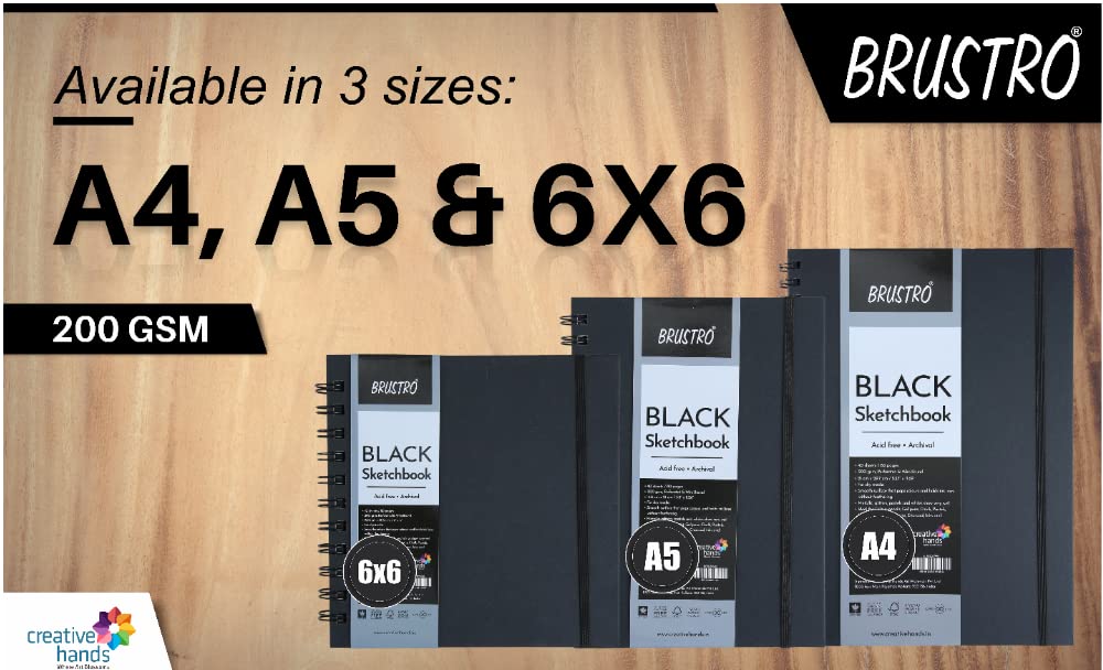 Brustro Black Sketchbook, Wiro Bound, Size 6" x 6" Inches, 200GSM (40 Sheets) 80 Pages