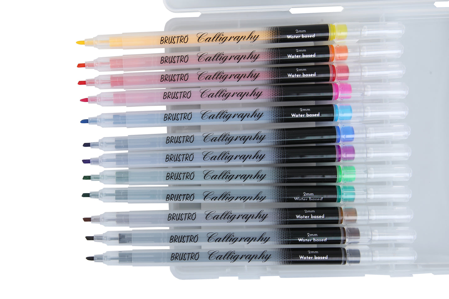 BRUSTRO Calligraphy Pen | 2mm | Set of 12 Colours | Non Toxic, Vibrant Colors, Writing, Waterbased, Fade resistant, Fast Drying | Ideal for Students, Professionals Use.