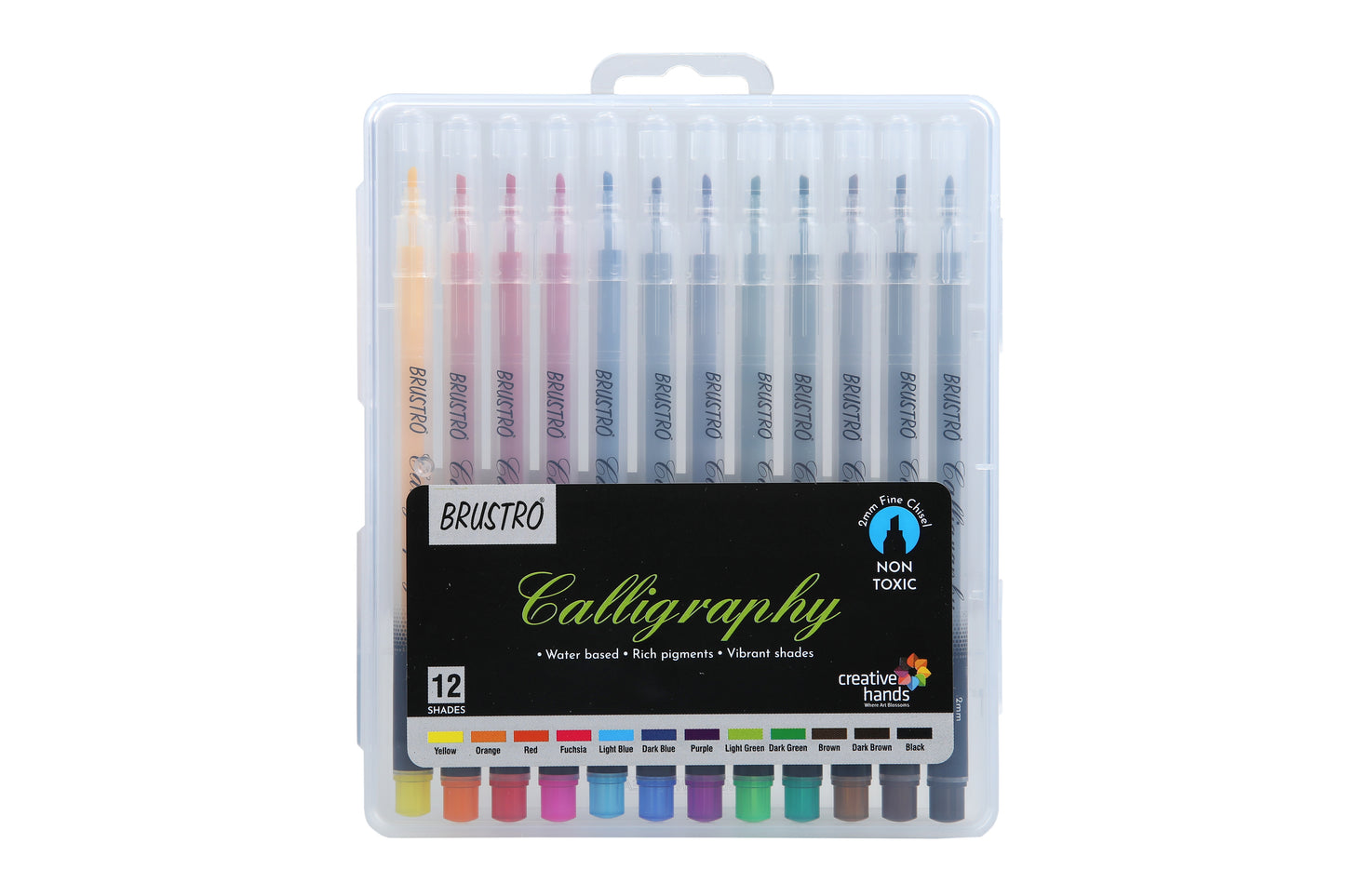 BRUSTRO Calligraphy Pen | 2mm | Set of 12 Colours | Non Toxic, Vibrant Colors, Writing, Waterbased, Fade resistant, Fast Drying | Ideal for Students, Professionals Use.
