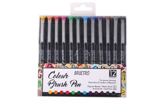 BRUSTRO Colour Brush Pens Set of 12 ( Pigment based , Hard tip brush pen ) Flexible tip for lettering and drawing techniques.