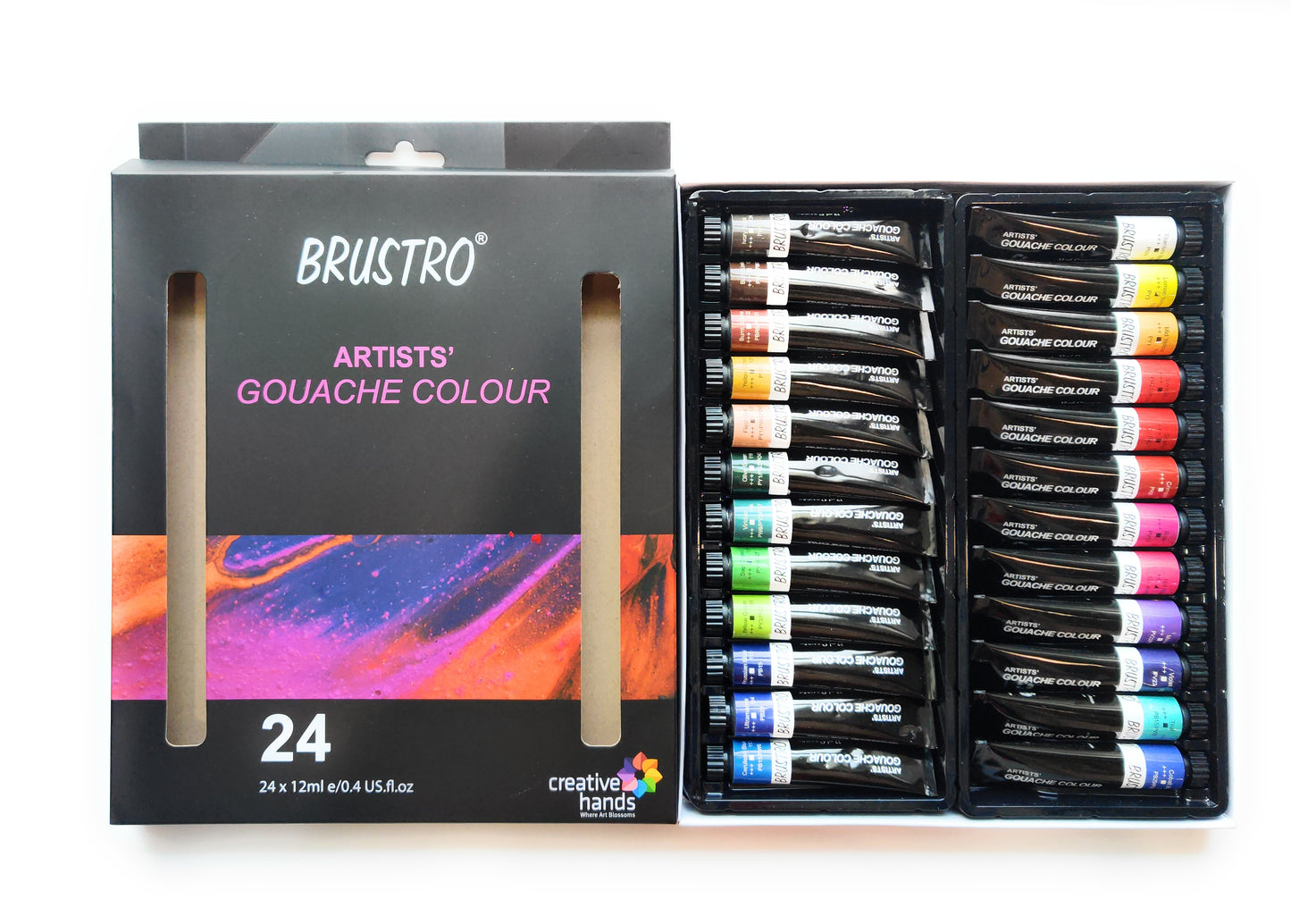 BRUSTRO Artist's Gouache Colour | Set of 24 Colors X 12ml Tubes |Perfect for Watercolor paper,Infinite Blending,Non-Toxic,Highly Pigmented,Ideal for Professional Artists,Graphic Designers,Illustrators