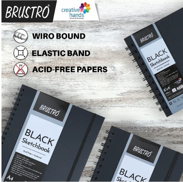 Brustro Metallic Gouache Set of 18 with Kolinsky Imitation WC Travel Brush Round Size 6 & Black Sketchbook, Wiro Bound, Size A5