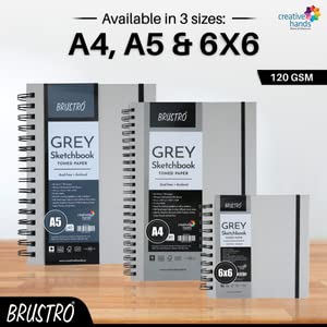 BRUSTRO Toned Paper - Grey Sketchbook | A5, 120 GSM | 60 Sheets/120 Pages |Wiro Bound, Spiral, Drawing, Sketching, Acid-free Paper, Dry media, Mandala Art, Graphite, Charcoal, Colour pencils, Gel pens