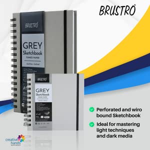BRUSTRO Toned Paper - Grey Sketchbook | A5, 120 GSM | 60 Sheets/120 Pages |Wiro Bound, Spiral, Drawing, Sketching, Acid-free Paper, Dry media, Mandala Art, Graphite, Charcoal, Colour pencils, Gel pens