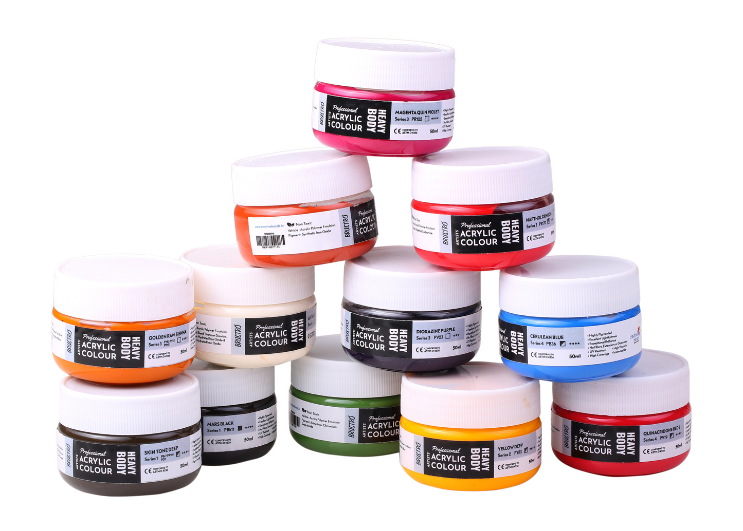 Brustro Professional Artists' HEAVYBODY Acrylic Paint Packs - 50ML Pack of 12 C