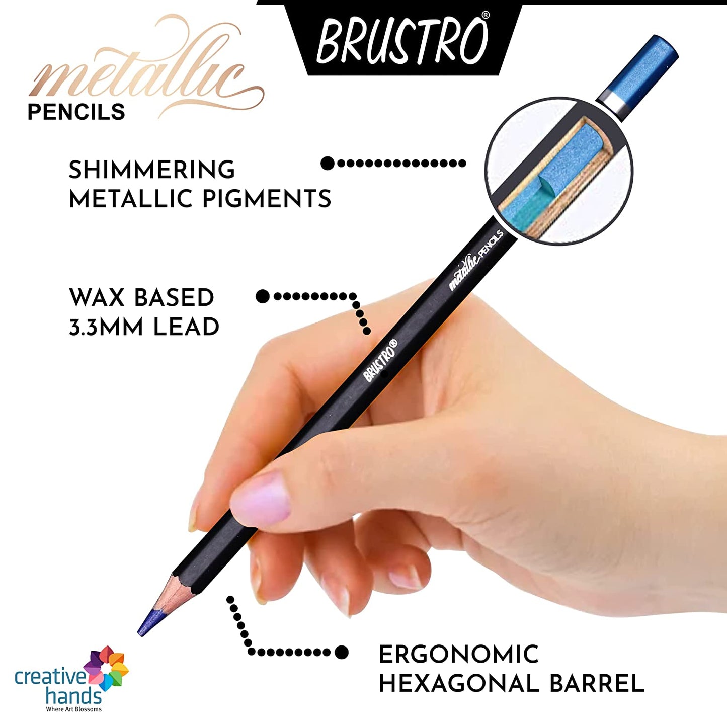 BRUSTRO Artist Metallic Colour Pencil Set of 12 Shades, 3.3mm lead | Wax-based, Ergonommic, Break Resistant, Easy Blending, Non-toxic Colors, Ideal for Fine Art and Craft.
