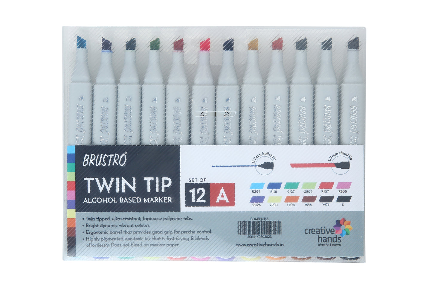 BRUSTRO Twin Tip Alcohol Based Marker Set of 12 - Basic A in Crossline PP See Through Box