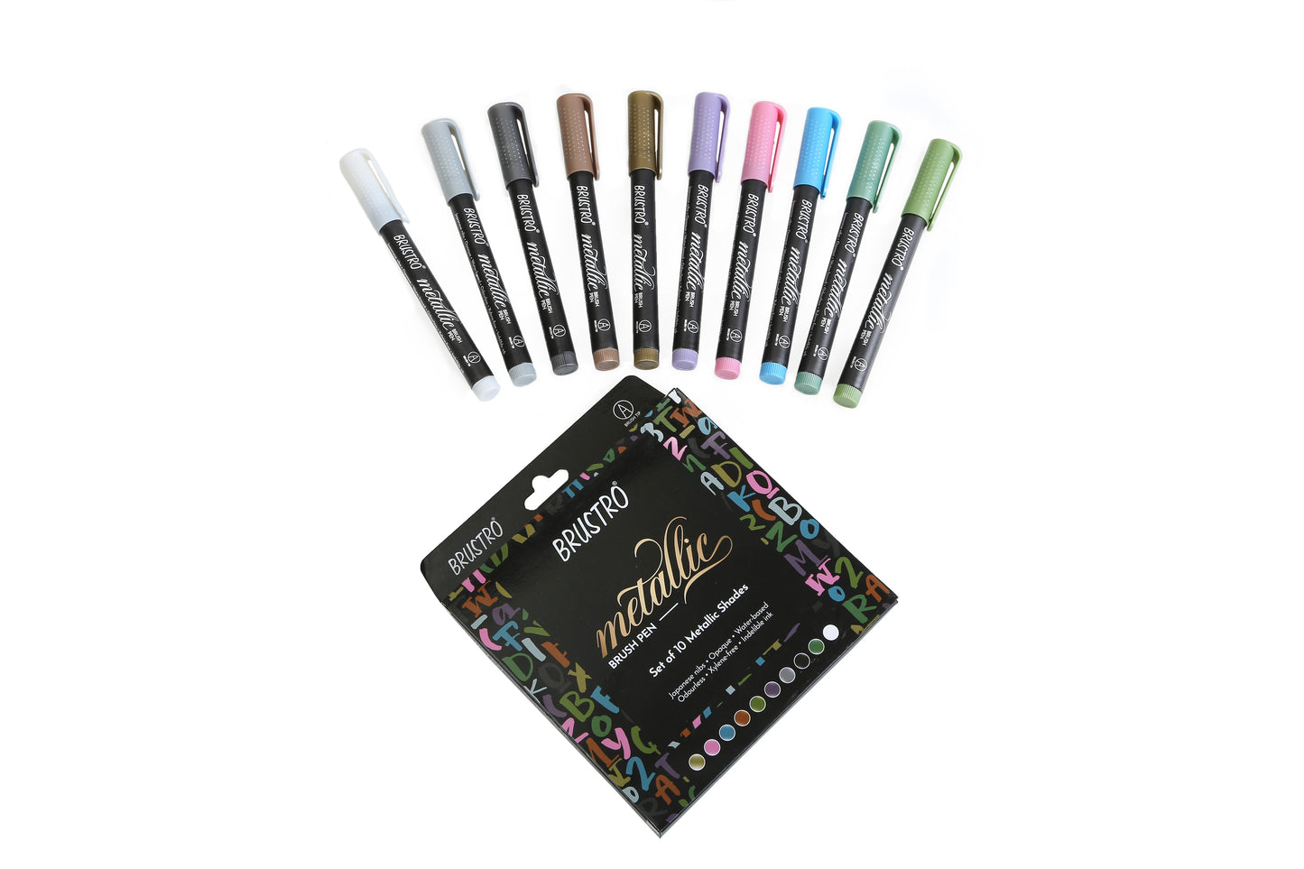 BRUSTRO Metallic Brush Marker Pens | Set of 10 Metallic Shades | Japanese Nibs, Soft Brush Tip, Indelible Ink, Suitable for Calligraphy, Hand Lettering, Colouring, Scrapbooking, Card Making Craft