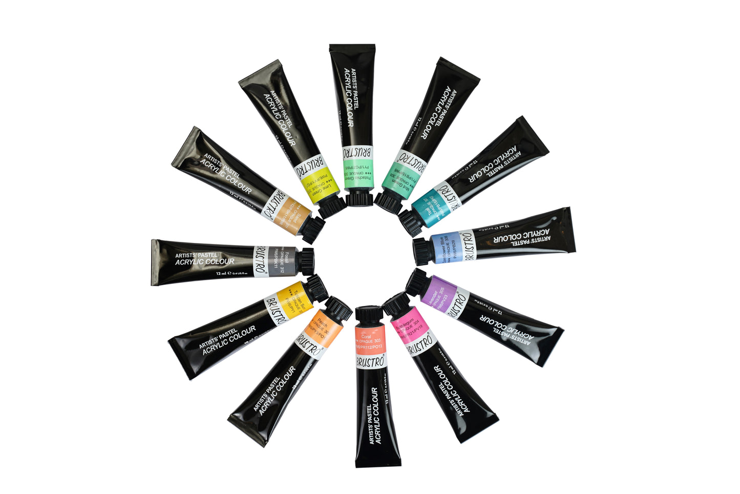 BRUSTRO Artist's Acrylic Pastel Colour | Set of 12 Colors X 12ml Tubes | Ideal for Paper, Canvas, Shading, Portrait, Coloring, Inter-mixable, Perfect for Artists and Crafters