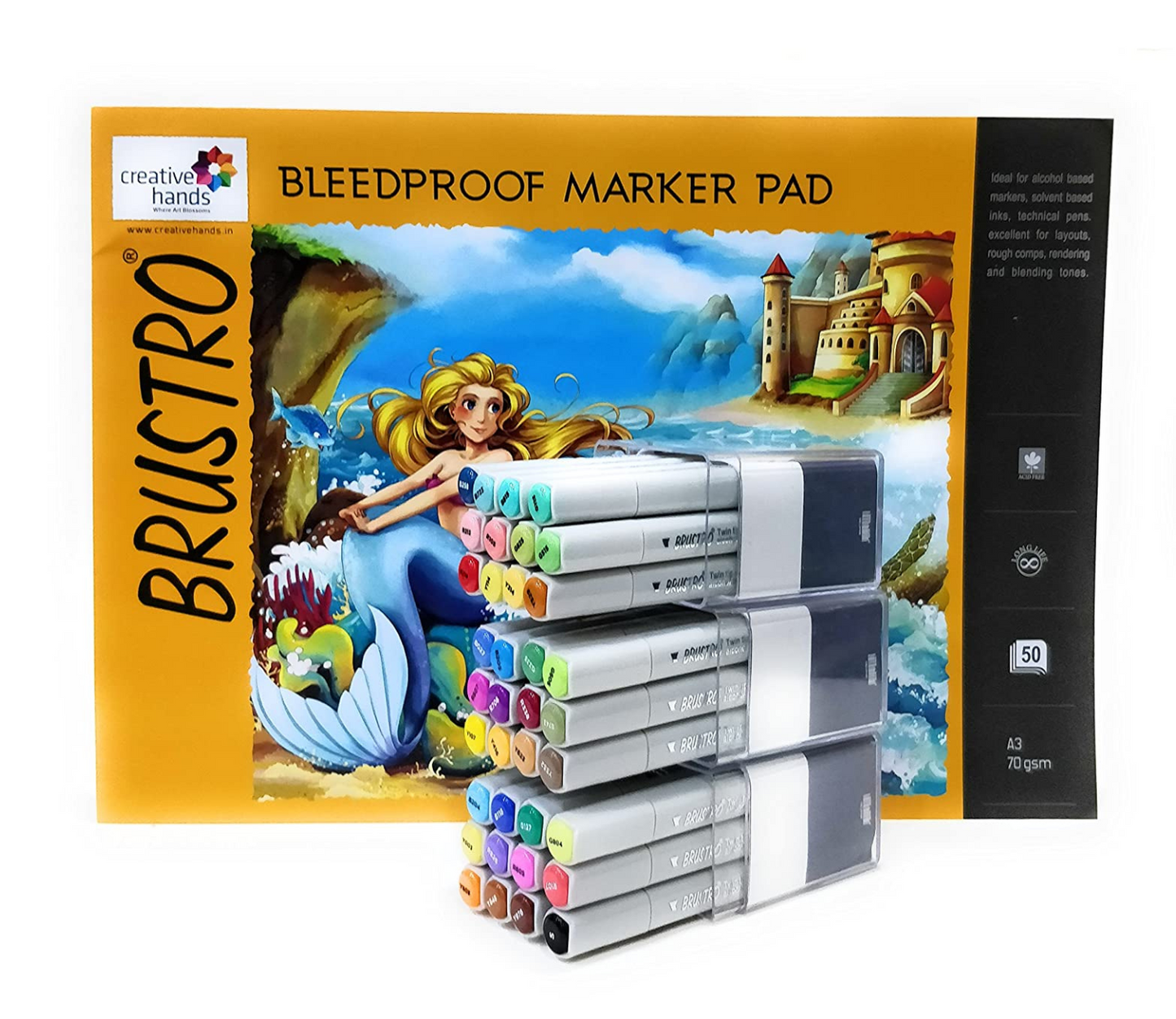 Brustro Twin Tip Alcohol Based Marker Set of 12 Each of Basic A, B & C, with Brustro Bleedproof Marker Pad 70 GSM A3 (Contains 50 Sheets)