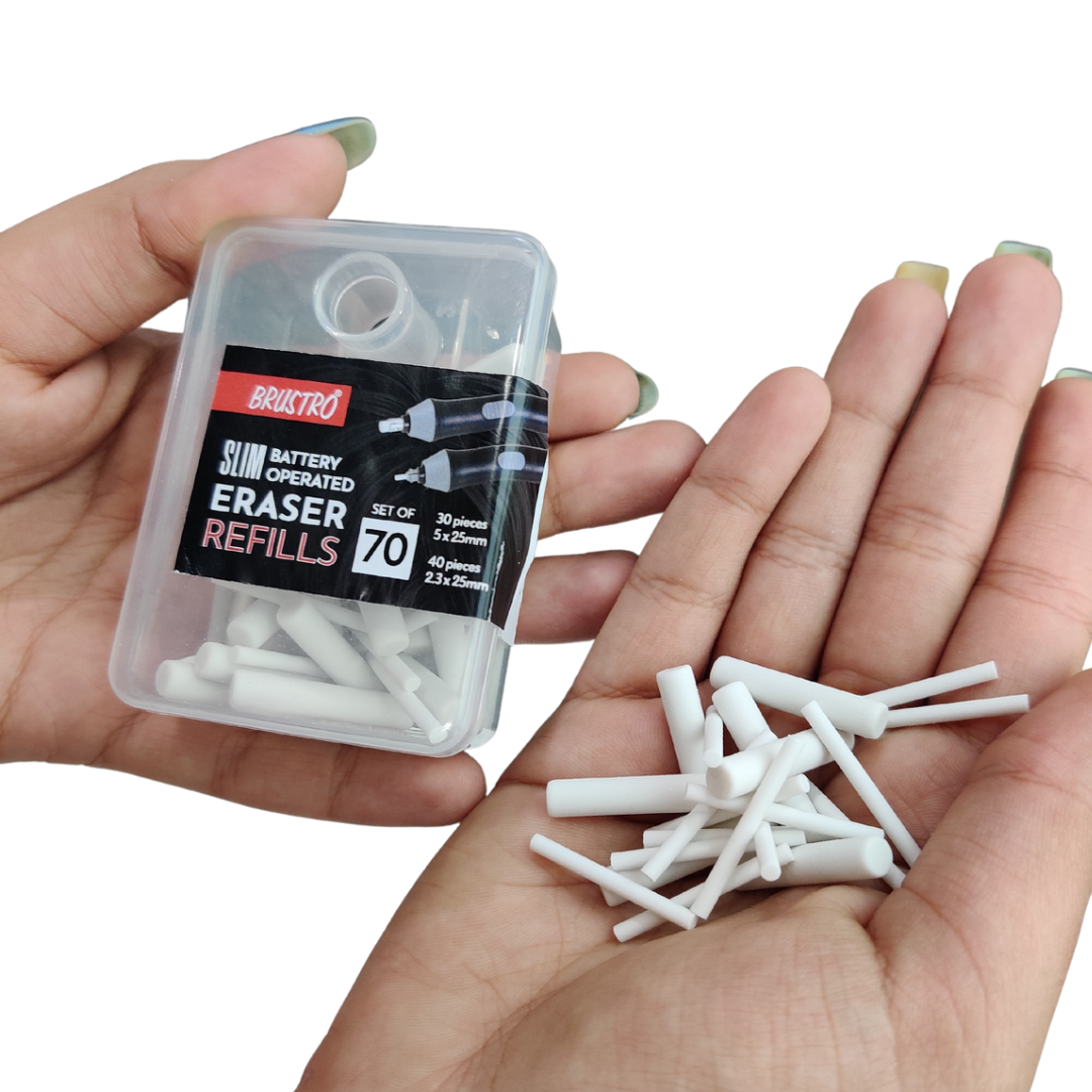 BRUSTRO Slim Battery Operated Eraser Refills |Set of 70 - includes - 30 Pieces of 5x25mm & 40 Pieces of 2.3x25mm| Artists Sketching, Drawing, Portrait Shading, Graphite, charcoal Pencils Correction
