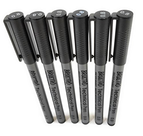 BRUSTRO Technical Pen | Black | Pack of 6 - Tip Size - 0.8mm | Ideal For Mandala, Drawing,Artist Illustration,Sketching