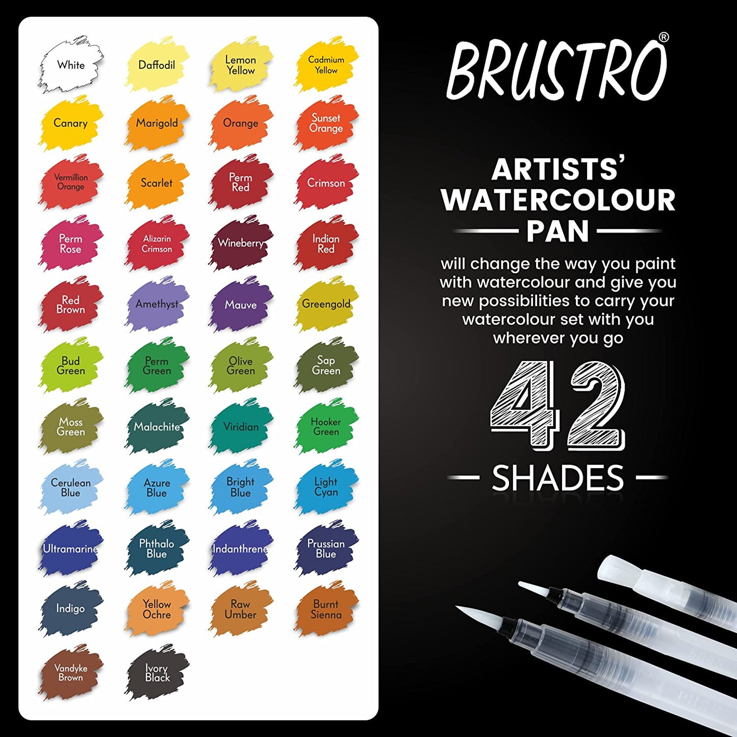 BRUSTRO Artist's Watercolour Paint Pan (Set of 42 Colors) with Artists Watercolour Paper 300 GSM, 25% Cotton, Cold Pressed, A4 (Pack of 12), A3 (Pack of 6) & A5 (Pack of 24)