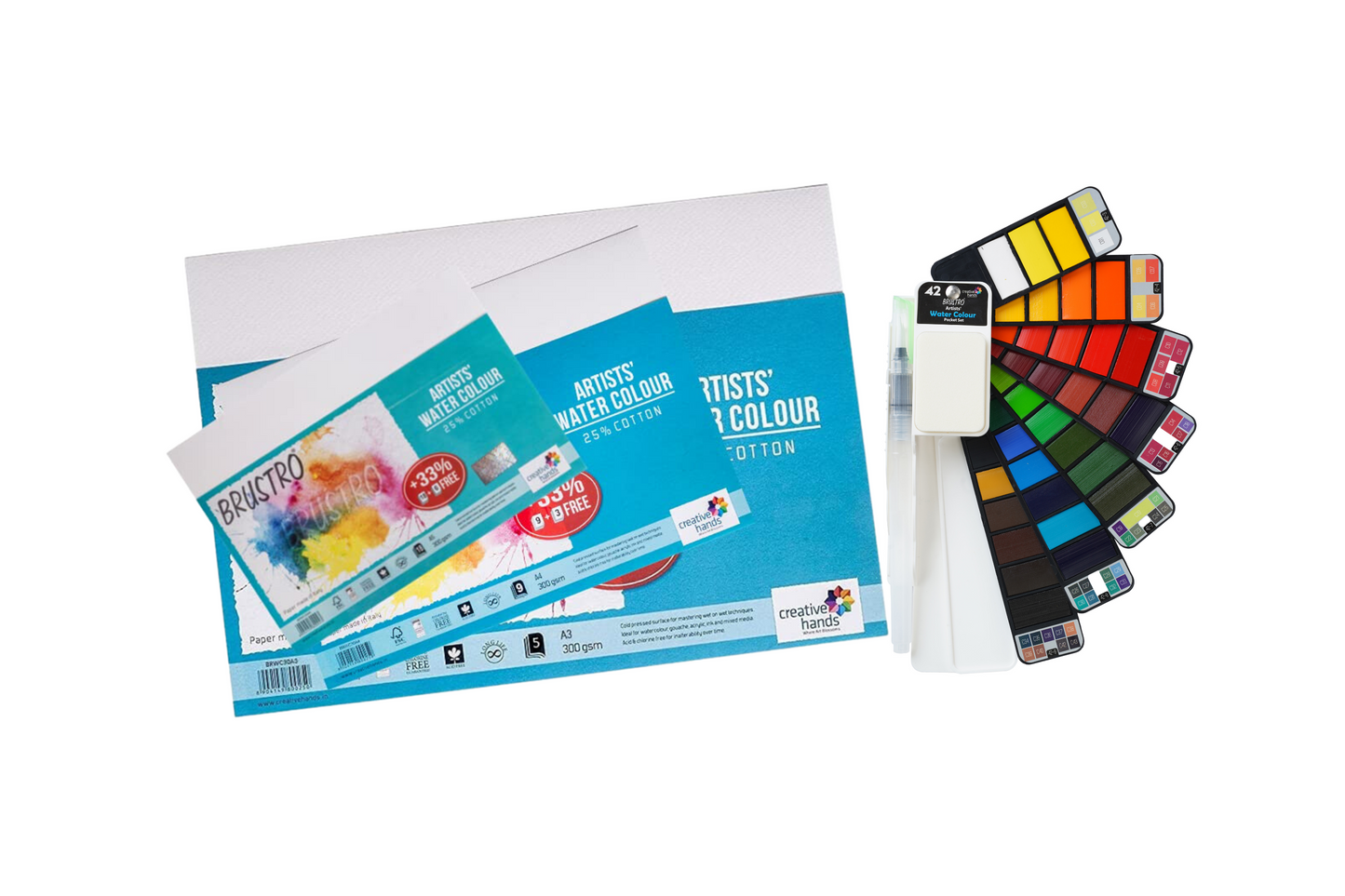 BRUSTRO Artist's Watercolour Paint Pan (Set of 42 Colors) with Artists Watercolour Paper 300 GSM, 25% Cotton, Cold Pressed, A4 (Pack of 12), A3 (Pack of 6) & A5 (Pack of 24)