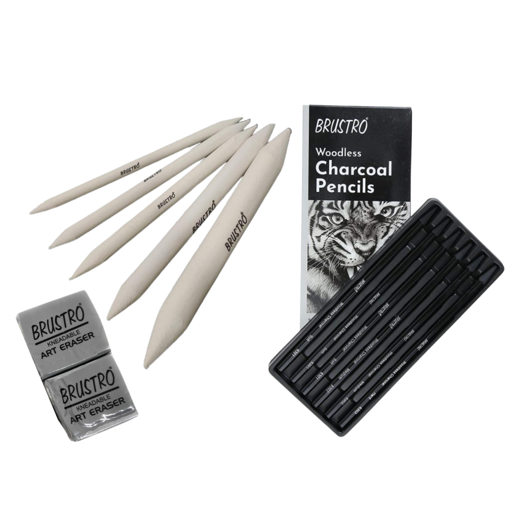 Brustro Woodless Charcoal Pencil Set + Blending Stumps & Erasers