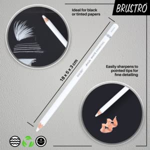 BRUSTRO Artists White Charcoal Pencil Set | 5mm, Set of 3 + 1 Pencil Eraser | Ideal for Students,Adults, School,Office use, Charcoal works, Sketching, Shading, Blending, Drawing, Art, Craft, Non-toxic