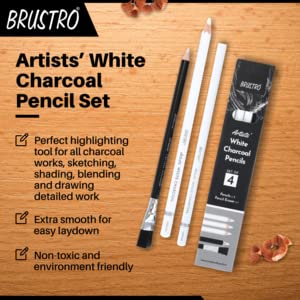 BRUSTRO Artists White Charcoal Pencil Set | 5mm, Set of 3 + 1 Pencil Eraser | Ideal for Students,Adults, School,Office use, Charcoal works, Sketching, Shading, Blending, Drawing, Art, Craft, Non-toxic