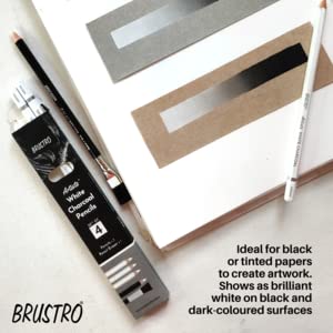 BRUSTRO Artists White Charcoal Pencil Set | 5mm, Set of 3 + 1 Pencil Eraser | Ideal for Students,Adults, School,Office use, Charcoal works, Sketching, Shading, Blending, Drawing, Art, Craft, Non-toxic