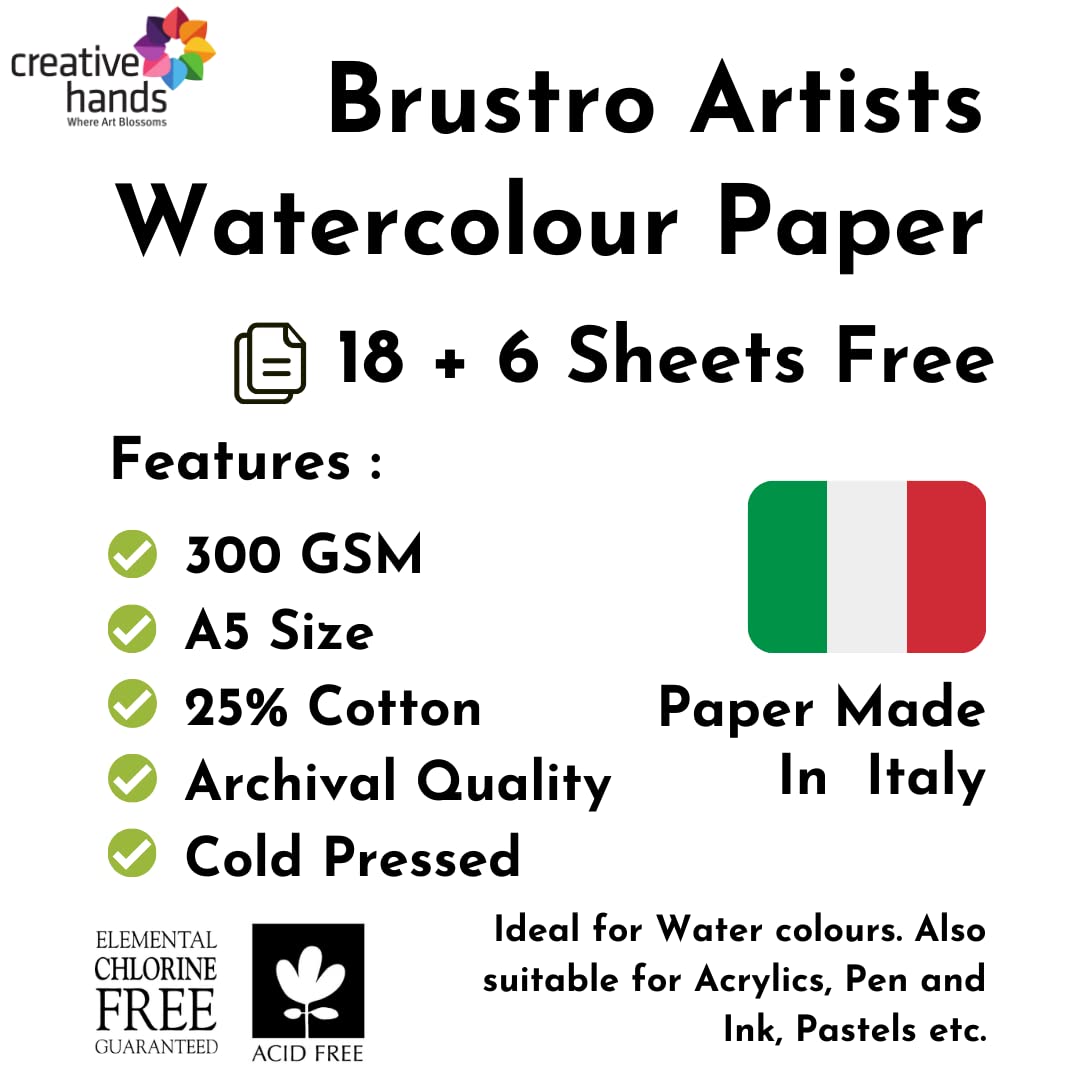 Brustro Artists Watercolour Paper, 300 GSM, A5-25% Cotton, Cold Pressed, 18 + 6 Sheets Free