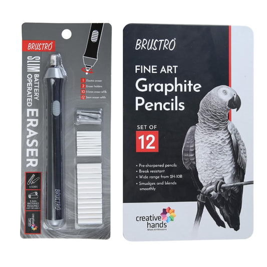 BRUSTRO Battery Operated Automatic Eraser with Artists FINEART Graphite Pencil Set of 12 (10B-2H)