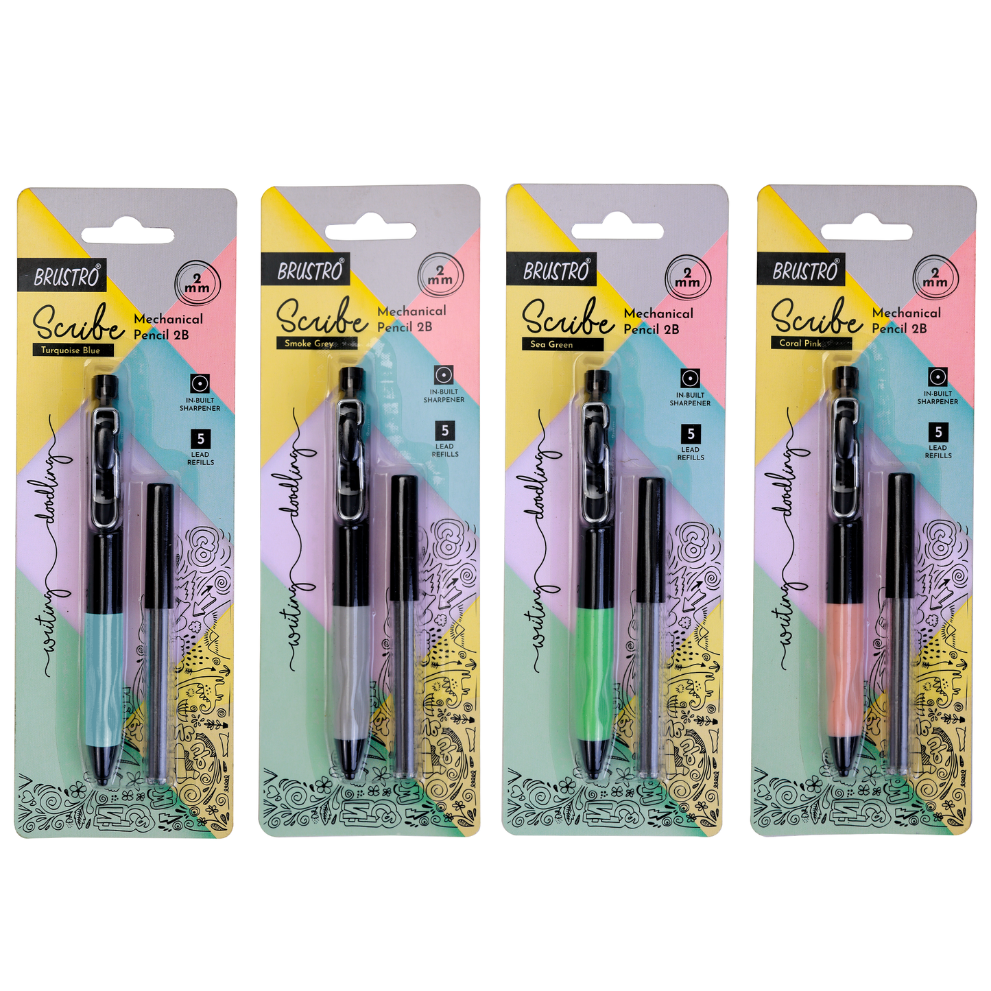Brustro Scribe Precision Mechanical Pencil 2B | Tip 2MM , Set of 4 (Multicolour) with Built-in Sharpener and 5 Extra Leads | Ideal For Writing,Sketching,Drawing,Mandala Arts,Schools