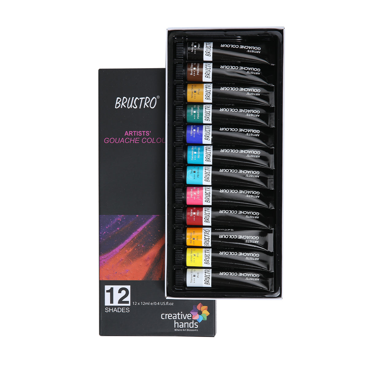 BRUSTRO Artist's Gouache Colours (Set of 12x12ml Tubes) With Watercolour Wiro Bound Paper Pad | 300 GSM, A4, 25% Cotton, Cold Pressed, 15 Sheets and AquaBloom Paint Brushes (Set of 6, Round)
