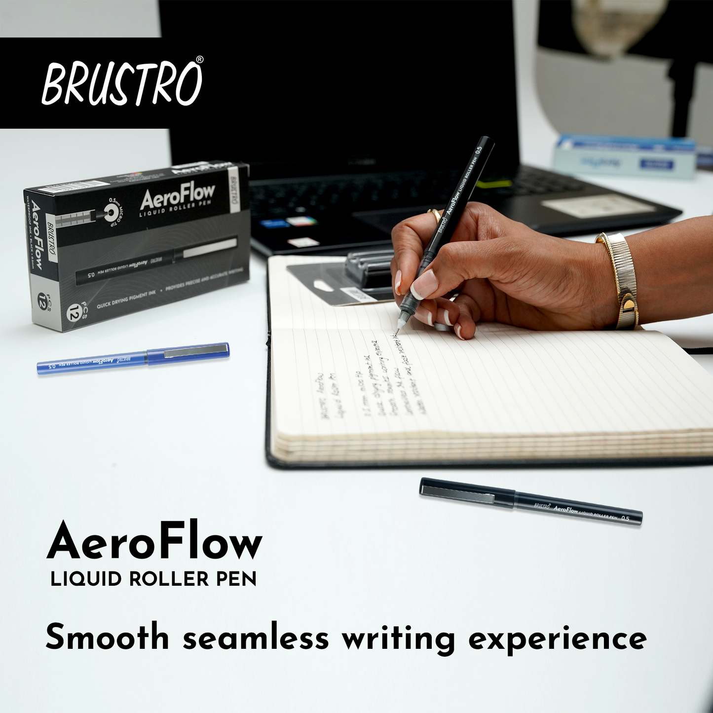 BRUSTRO AeroFlow Liquid Ink Rollerball Pens 0.5 Micro Tip Pack of 12 (Classic Black ink)