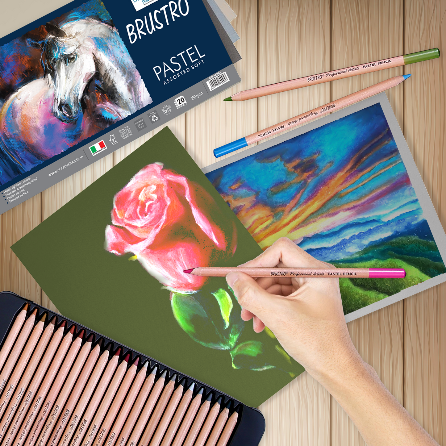 Brustro Artists Pastel Papers | 160 GSM, A4, Bright & Soft Shades of 40 Sheets (20 Sheets of Each Shades) | Suitable for Pastels, Pencil, Graphite, Charcoal.
