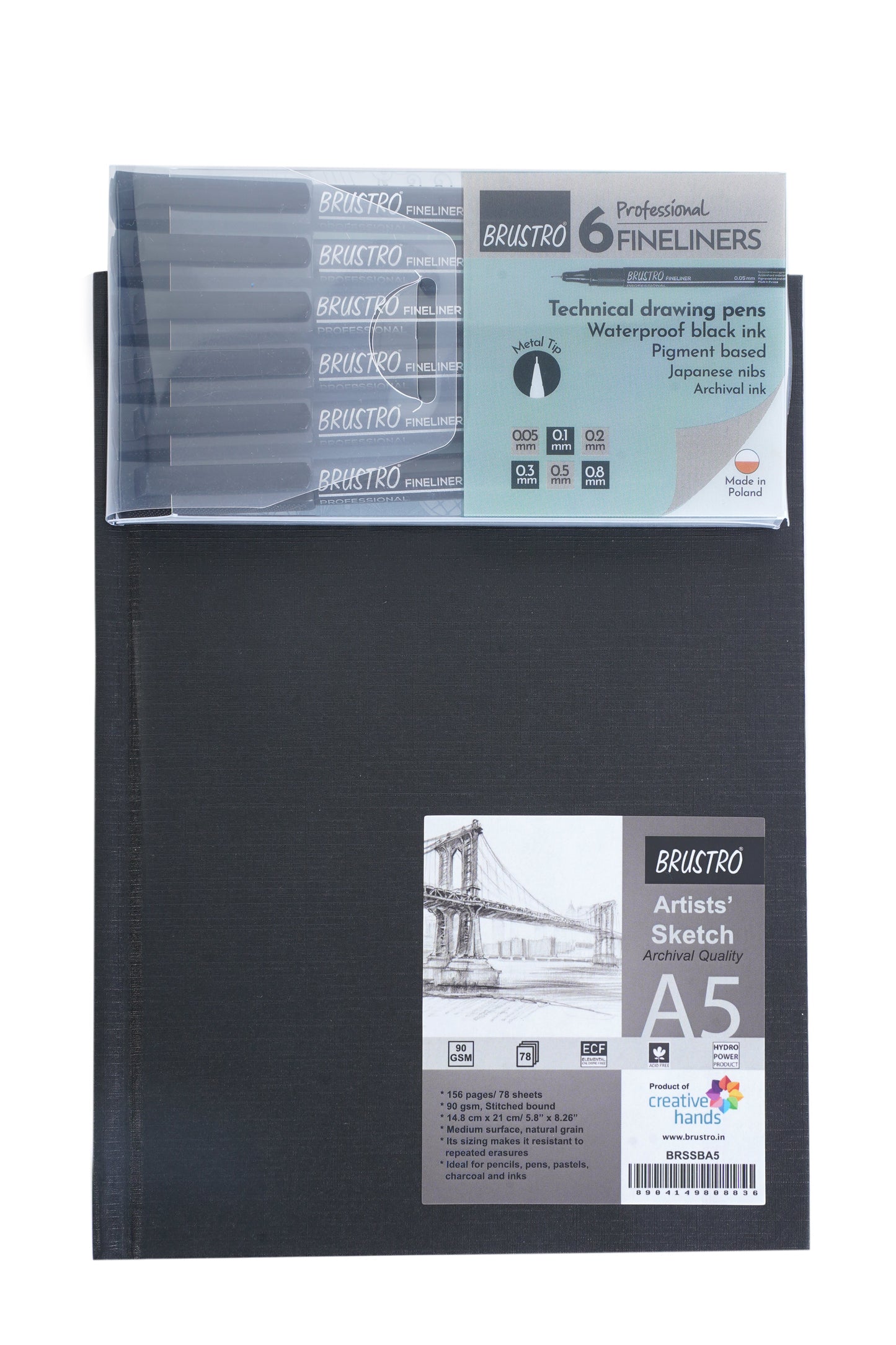 BRUSTRO Professional Pigment Based Fineliner - Set of 6 (Black) & Brustro Artists Stitched Bound Sketch Book, A5 Size, 156 Pages, 90 GSM