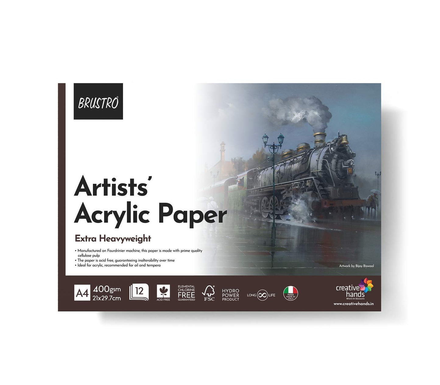 BRUSTRO Artist's Acrylic Colours (Set of 12x12 ml Tubes) With Glued Paper Pad 400 GSM, A4-12 Sheets and Gold Taklon Brushes, Set of 8|Ideal For Professional Painting, Fine Art, Wet Techniques