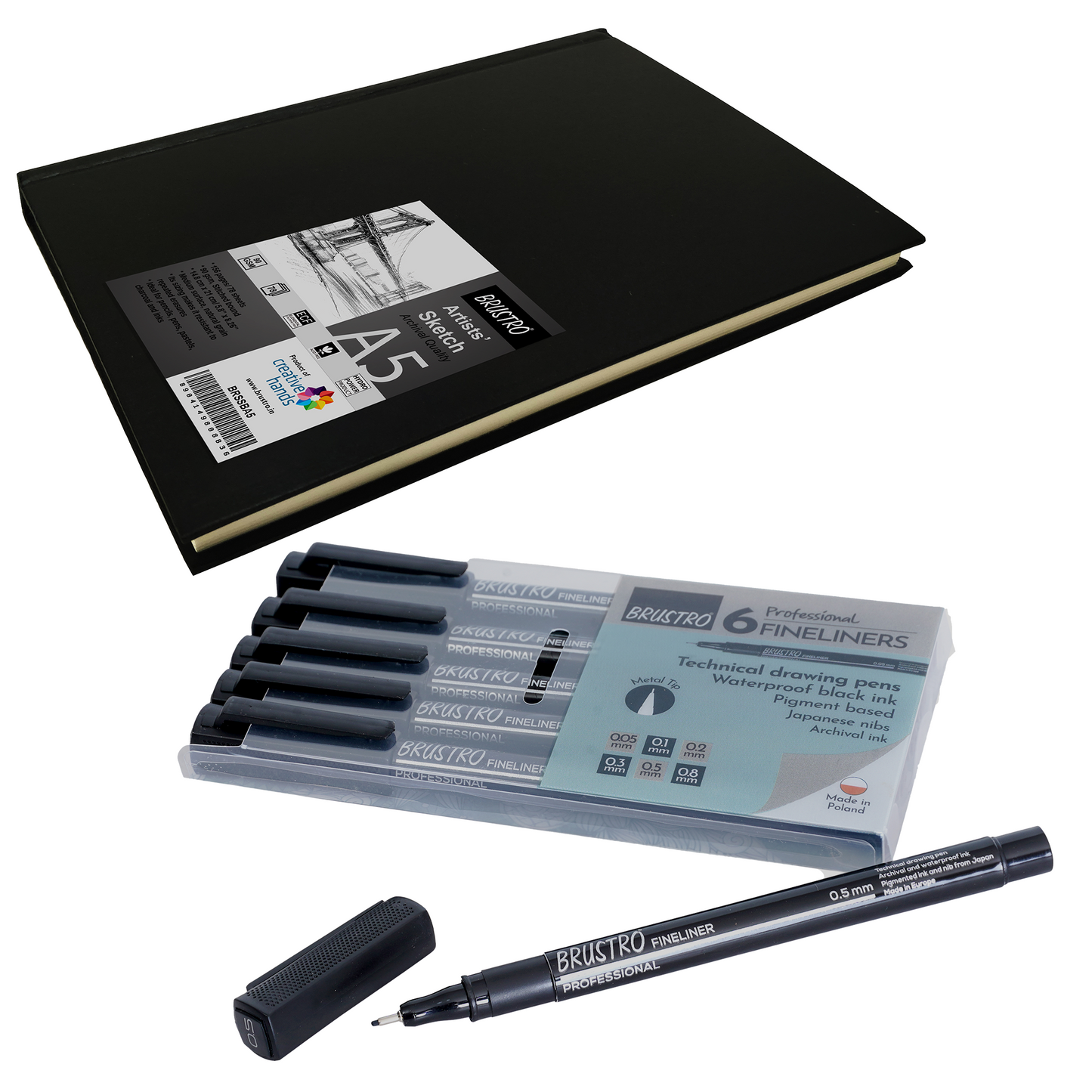 BRUSTRO Professional Pigment Based Fineliner - Set of 6 (Black) & Brustro Artists Stitched Bound Sketch Book, A5 Size, 156 Pages, 90 GSM