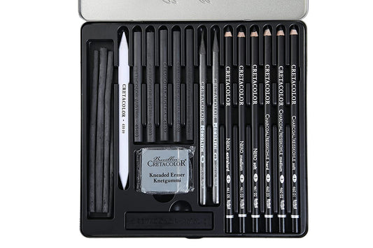 Cretacolor Black Box Charcoal Drawing Set of 20 - Tin Box (Free Brustro Artists' Sketch Book A5)