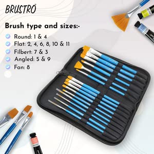 Brustro Synthetic Hair Short Handle Artists Brush Set of 15 in a Premium Zippered Brush Wallet
