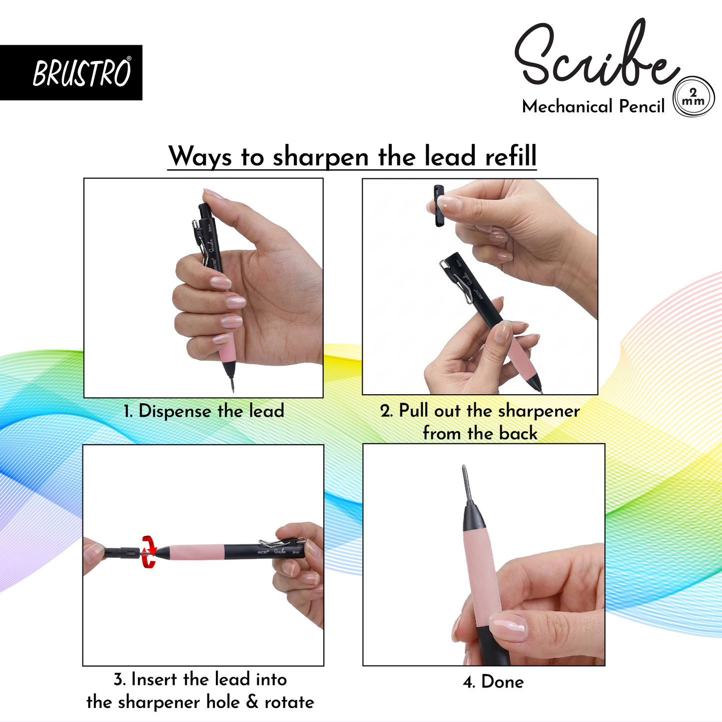 Brustro Scribe Precision Mechanical Pencil 2B | Tip 2MM , Set of 4 (Multicolour) with Built-in Sharpener and 5 Extra Leads | Ideal For Writing,Sketching,Drawing,Mandala Arts,Schools