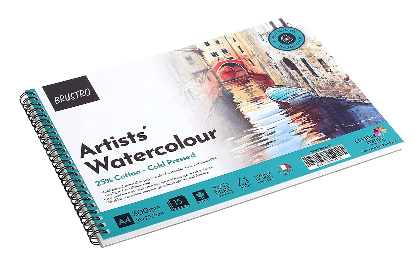 BRUSTRO Artist's Gouache Colours (Set of 12x12ml Tubes) With Watercolour Wiro Bound Paper Pad | 300 GSM, A4, 25% Cotton, Cold Pressed, 15 Sheets and AquaBloom Paint Brushes (Set of 6, Round)