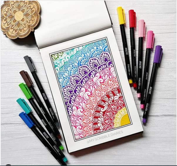 BRUSTRO Coloured Fineliner set of 12, 0.4mm. Ideal For writing, drawing, doodles, mandala etc.