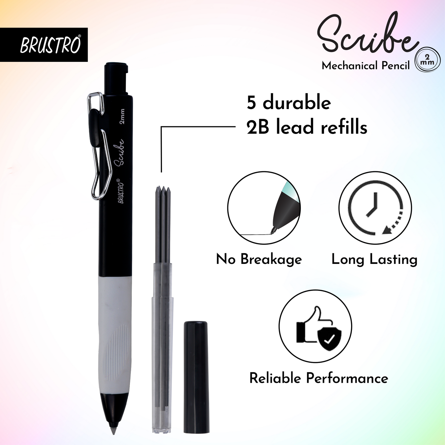 Brustro Scribe Precision Mechanical Pencil 2B | Tip 2MM , Set of 4 (Multicolour) with Built-in Sharpener and 5 Extra Leads | Ideal For Writing,Sketching,Drawing,Mandala Arts,Schools