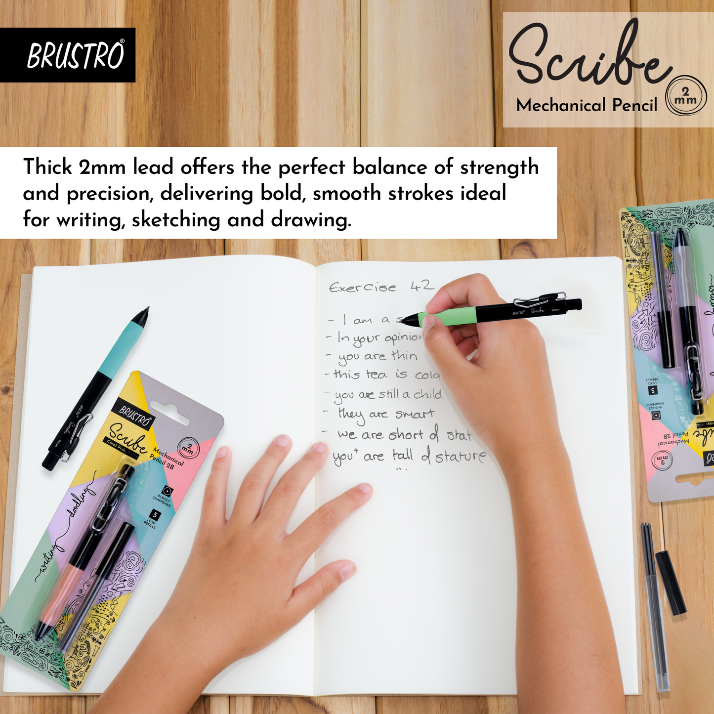 Brustro Scribe Precision Mechanical Pencil 2B | Tip 2MM , Set of 4 (Multicolour) with Built-in Sharpener and 5 Extra Leads | Ideal For Writing,Sketching,Drawing,Mandala Arts,Schools