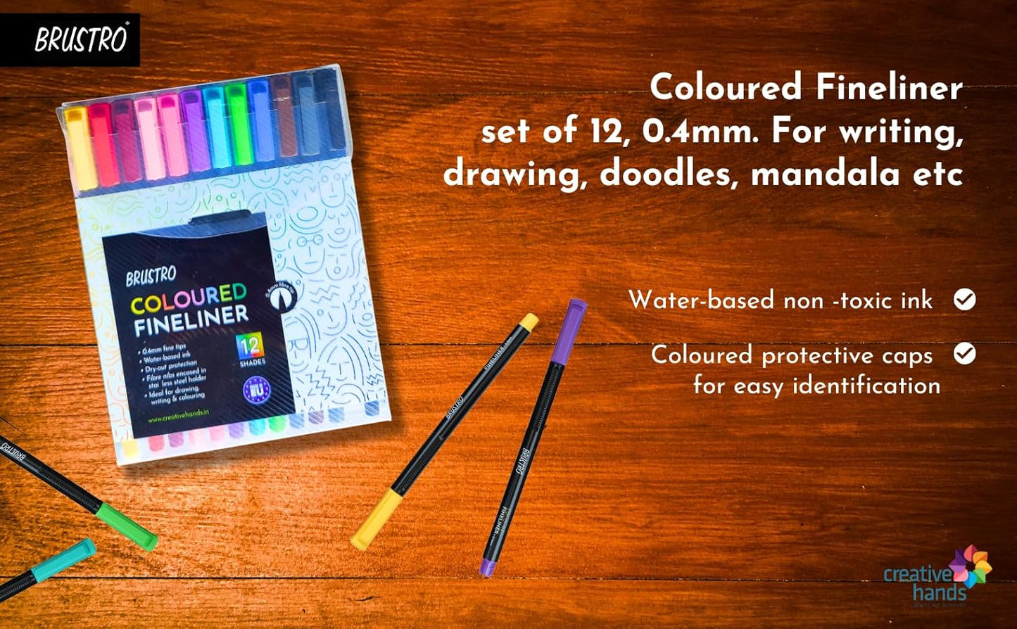 BRUSTRO Coloured Fineliner set of 12, 0.4mm. Ideal For writing, drawing, doodles, mandala etc.