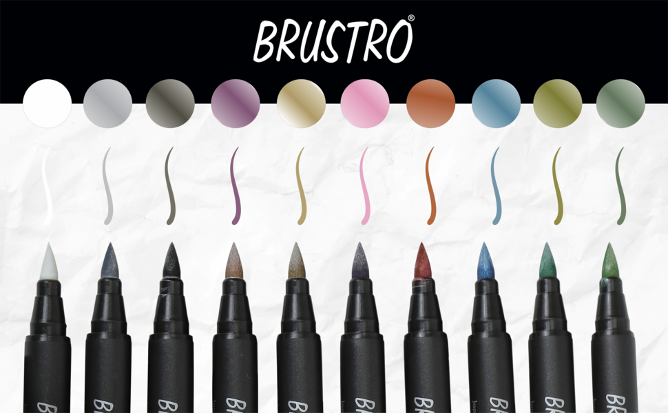 BRUSTRO Metallic Brush Marker Pens | Set of 10 Metallic Shades | Japanese Nibs, Soft Brush Tip, Indelible Ink, Suitable for Calligraphy, Hand Lettering, Colouring, Scrapbooking, Card Making Craft
