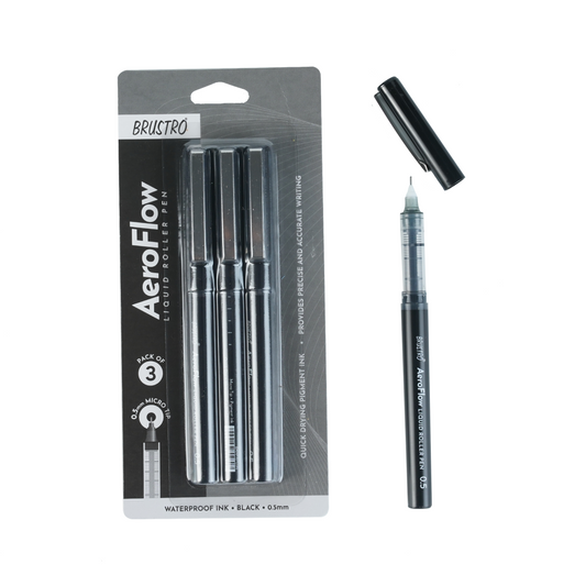 BRUSTRO AeroFlow Liquid Ink Rollerball Pens | Black | 0.5mm, Micro Tip | Pack of 3 | Ideal for Students, Professionals, Office, Exam use, Accurate Smooth Writing, Fade Resistant