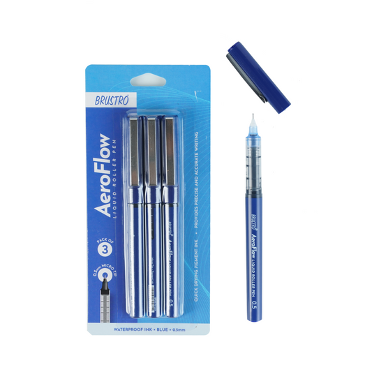 BRUSTRO AeroFlow Liquid Ink Rollerball Pens | Blue | 0.5mm, Micro Tip | Pack of 3| Ideal for Students, Professionals, Office, Exam use, Accurate Smooth Writing, Fade Resistant