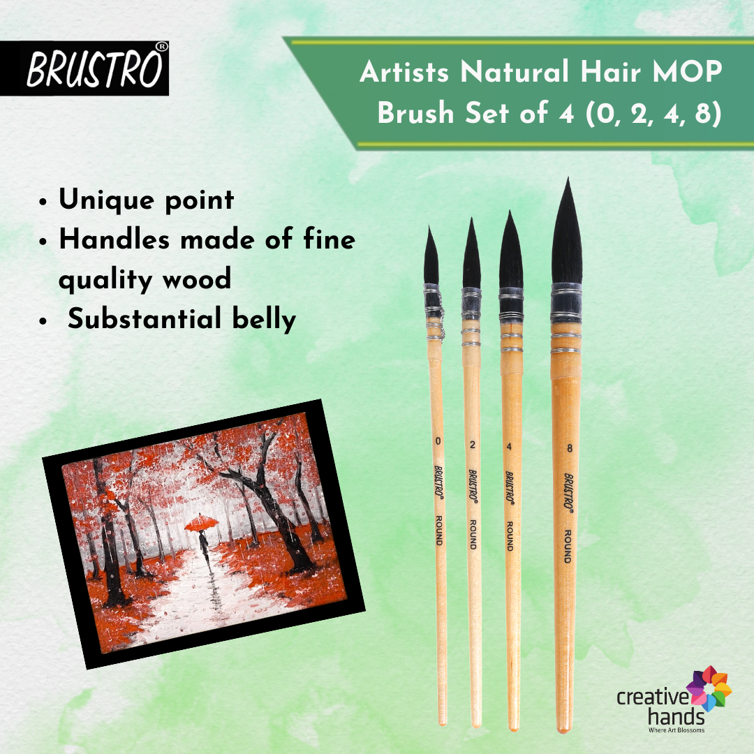 BRUSTRO Artists Natural Hair MOP Brush Set of 4 (0, 2, 4, 8) with A5 Stitched Bound 200GSM Watercolour Journal