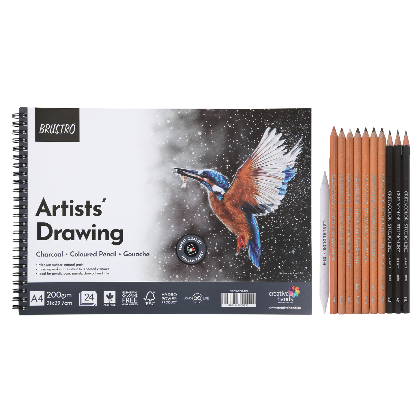 Brustro Drawing Wiro Paper Pad (A4,200 GSM,24 Sheets) With Cretacolor Artists Studio Line Drawing 101 Introduction (Set Of 11,White)|Ideal for Painting,Sketching,Shading,Professionals